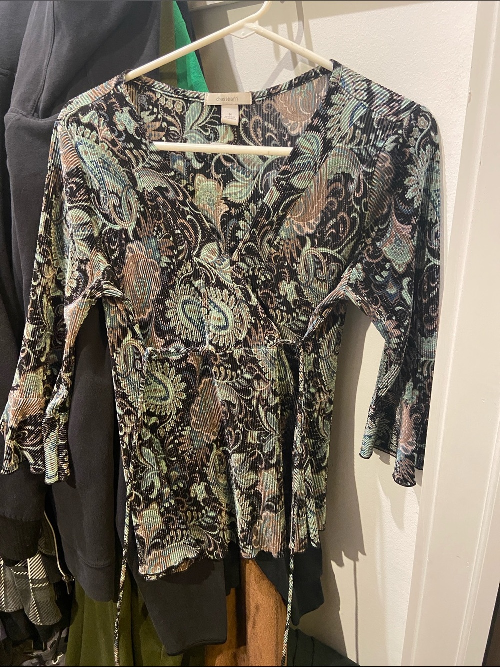 dressbarn Black Paisley Wrap-Style Blouse with Mint and Taupe Accents